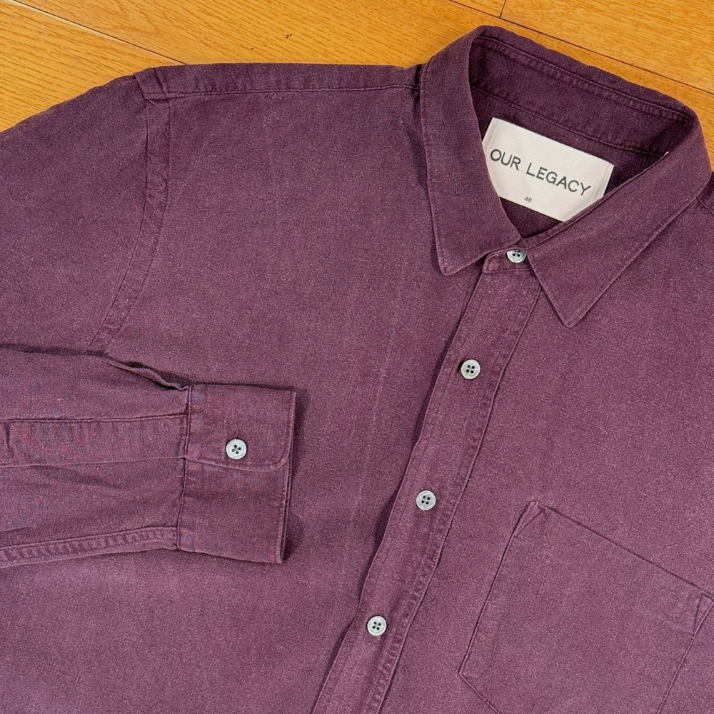 Our Legacy Mens 100% Raw Silk Button Down Shirt Plum Purple Size 48 M Pocket